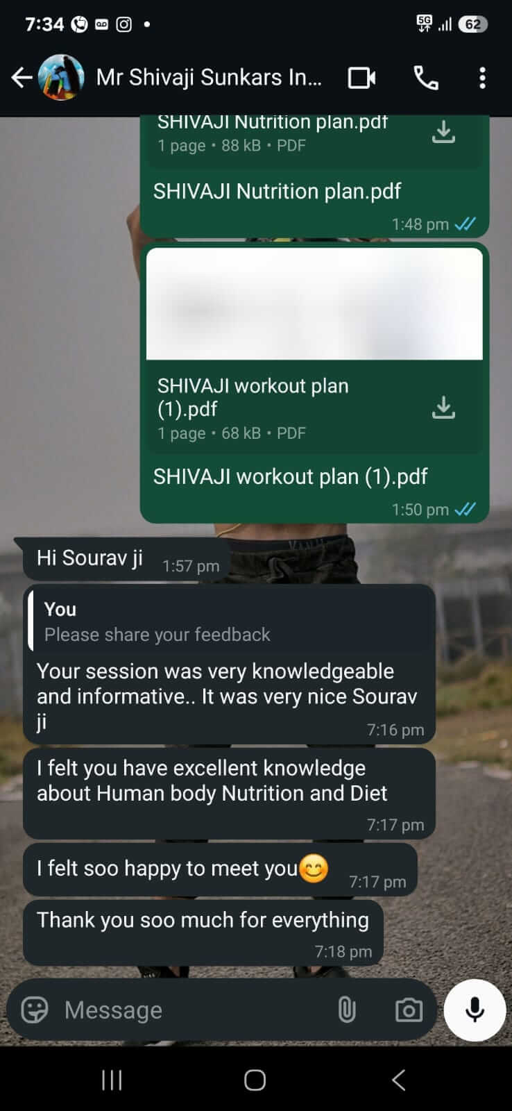 WhatsApp feedback from Mr Shivaji Sunkar