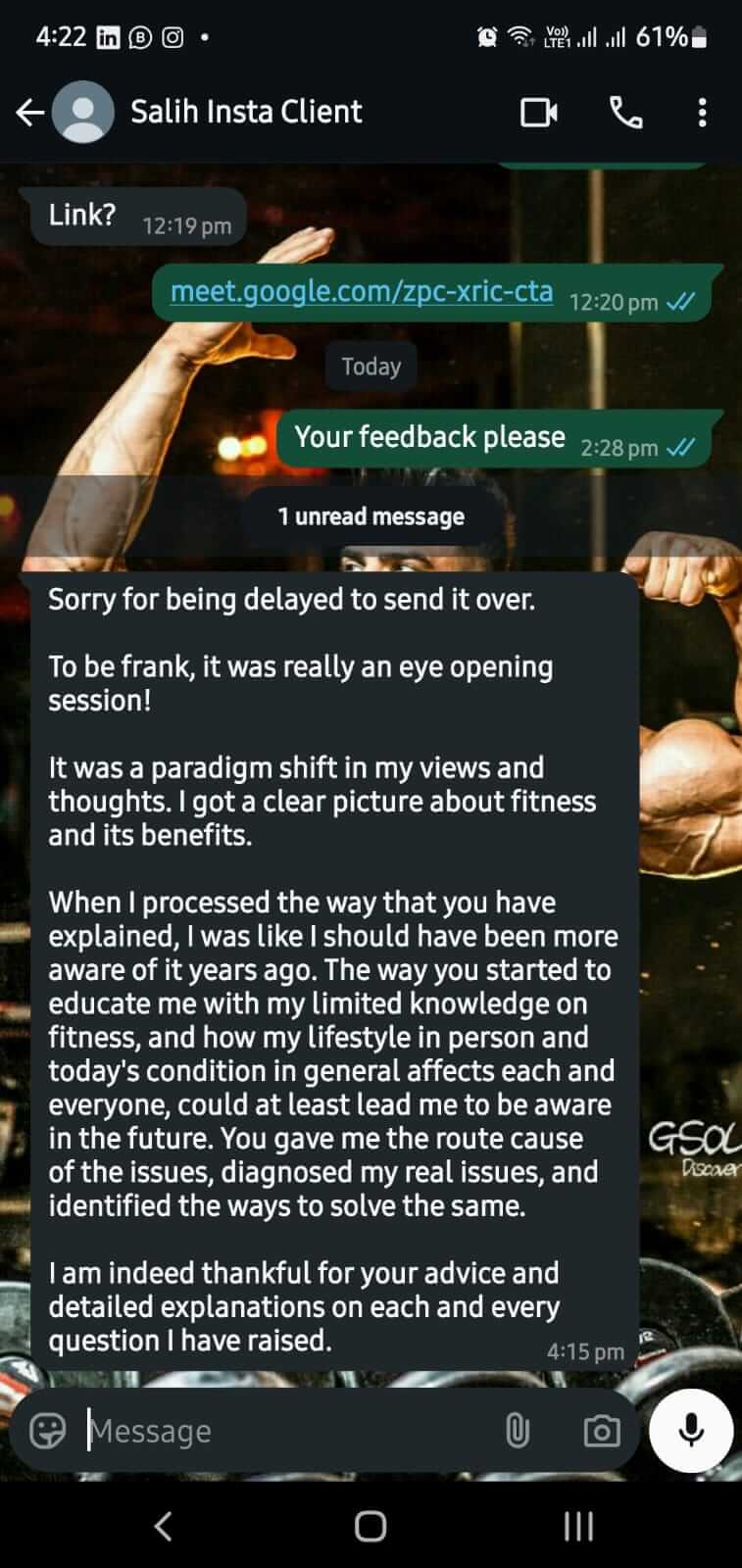 WhatsApp feedback from Salih