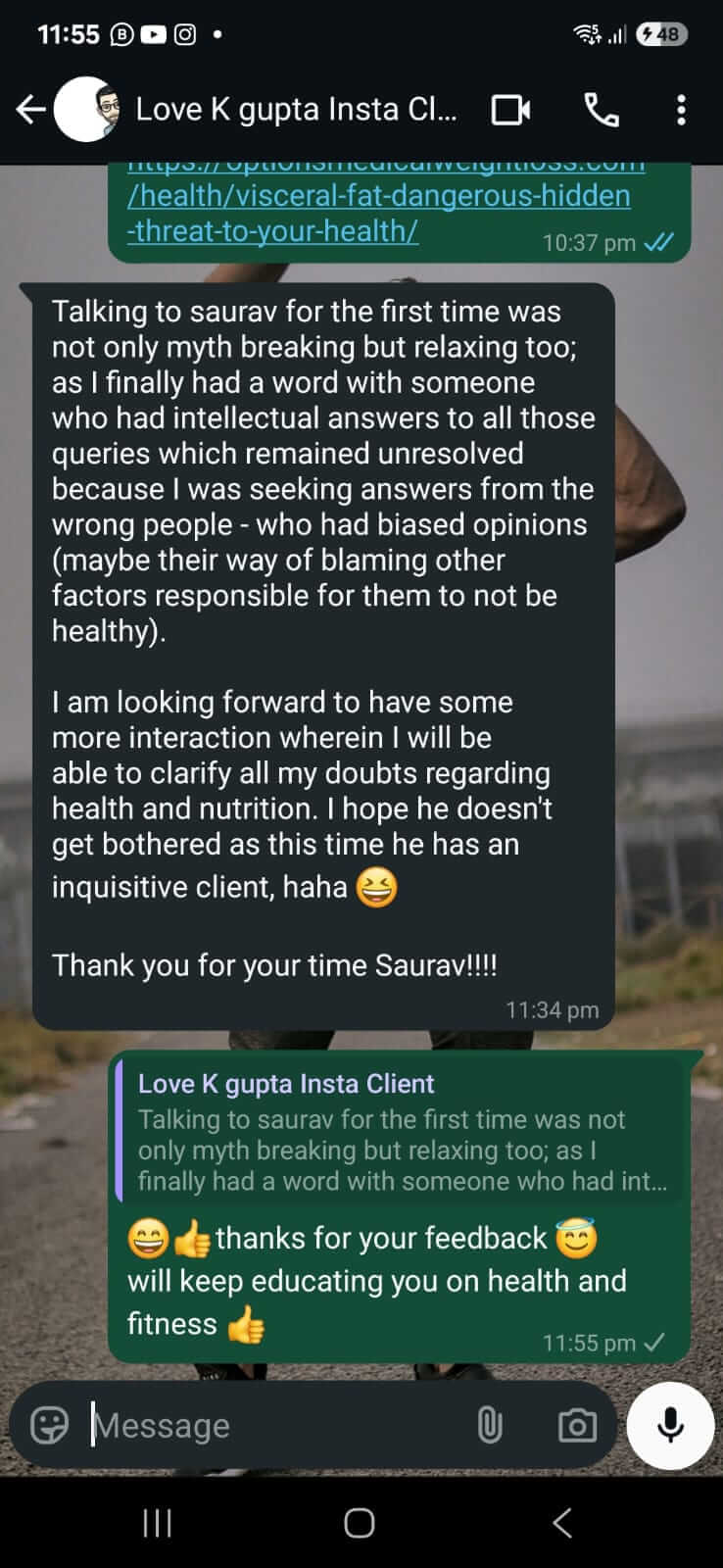 WhatsApp feedback from Love K Gupta