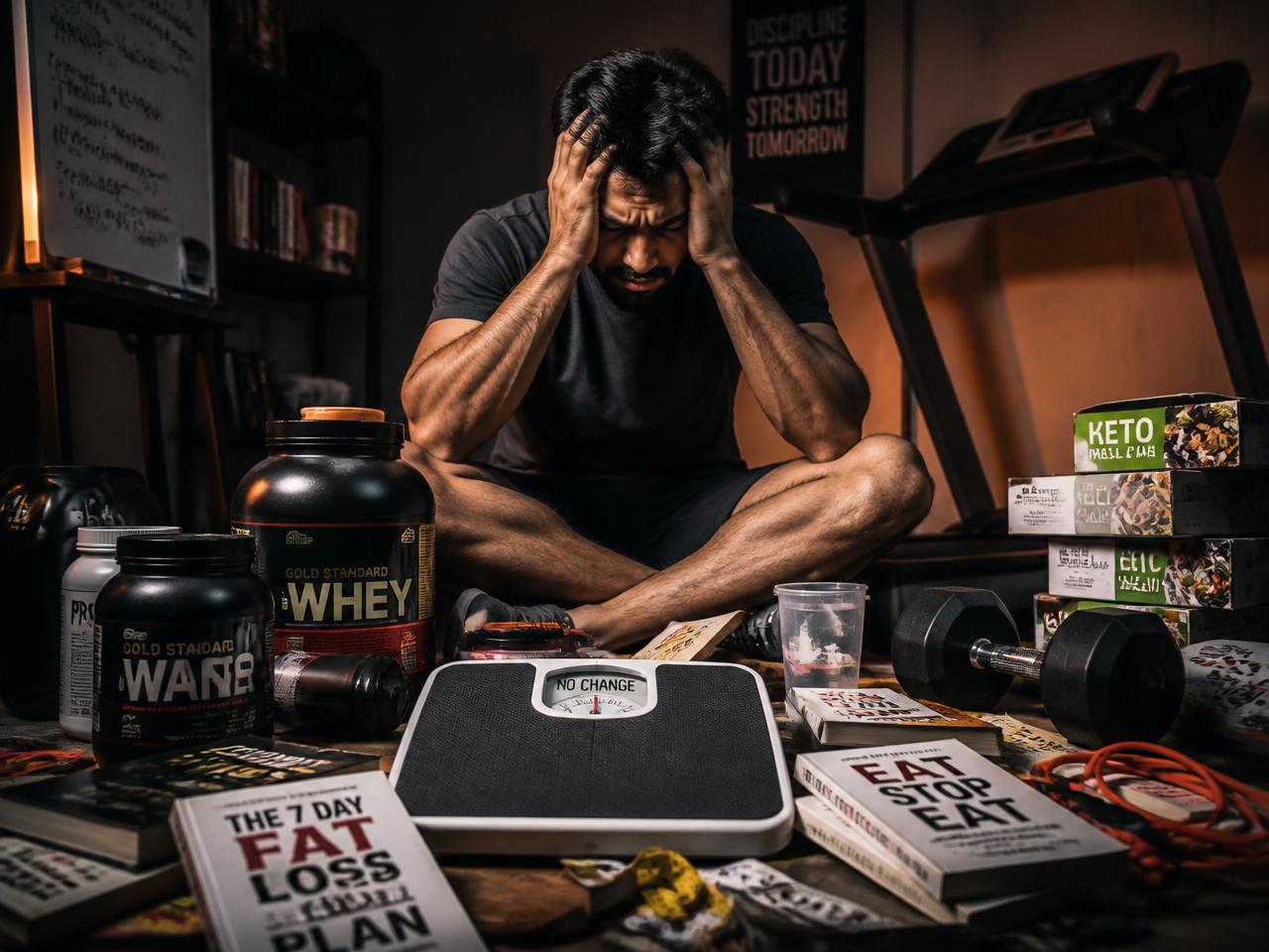 Man overwhelmed by failed fitness solutions